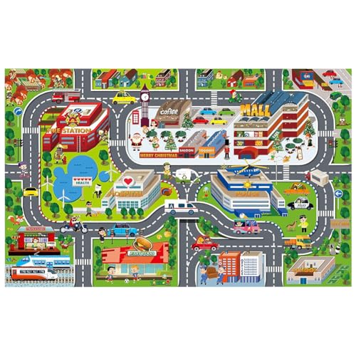 Kids Play Mat with Car Tracks Kids Rugs for Playroom Carpet Playmat Rug Durable Playrooms Toy Mat for Childrens Non-Slip Traffic Road Carpets for Outdoor Playroom Bedroom Livingroom-E