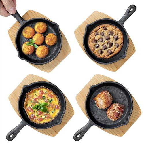 Navaris 4er Set Pfanne Gusseisen - Mit Holzboden - 15 cm Durchmesser- Gusseiserne Pfanne klein - Gusseisen Pfannen - Gusseisenpfanne Grill - Gusspfanne Grill - Gusseisenpfanne Set