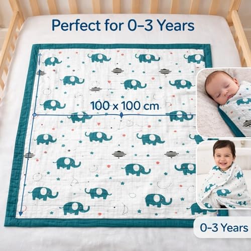 Image of Baby Muslin Blanket for Newborn | 4-Layer Crinkled Cotton Muslin Blanket | Soft, Breathable, Lightweight All-Season Baby Blanket (100 X 100 cms) | 0-2 Years | Elephant Design