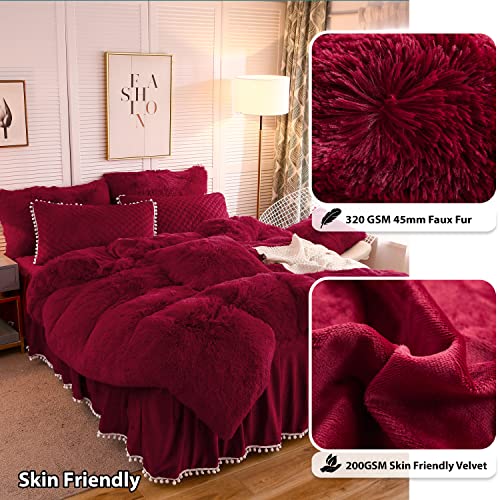 Image of LIFEREVO Luxury Plush Shaggy Duvet Cover Set, Soft Velvet Fluffy Furry Duvet Cover Set(1 Faux Fur Fuzzy Comforter Cover+2 Pom Poms Pillow Shams)Christmas Bedding Set, with Zipper(Full /Queen, Burgundy)