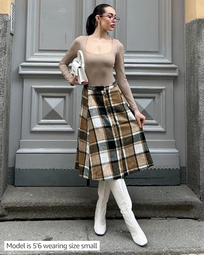 luvamia Plaid Skirts for Women Midi Length High Waisted Button Down A Line Fall Winter Elastic Waist Skirt with Pockets2