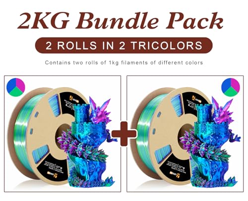 Image of LOVOON Silk PLA 3D Printing Filament Bundle 2KG, PLA Filament 1.75mm Shiny Tricolor Pack Fast Color Change 3D Printer Filament, Get 2 Spools of Silk Blue /Green /Red, 1KG X 2 Spools