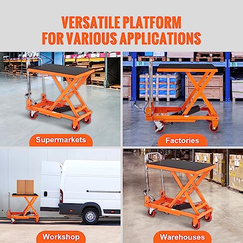 VEVOR Hydraulic Lift Table Cart, 330lbs Capacity 28.5" Lifting Height, Manual Single Scissor Lift Table with 4 Wheels and Non-Slip Pad, Hydraulic Scissor Cart for Material Handling and Transportation