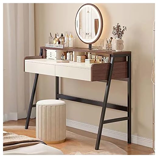 Vanity Desk Set, Dressing Table with 3-Color Dimmable Lighted Mirror, Makeup Vanity Table with Large Drawers, Shelves and Storage Stool, for Bedroom, Bathroom, Study Room (Color : Walnut, Size : 100