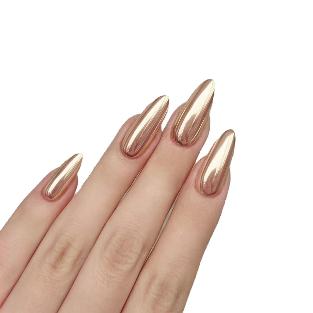 24 Pcs Almond Press on Nails Gold Matte Fake Nails Medium Stick on Nails Glossy Glue on Nails Acrylic Nails with Magic Mirror Powder Design False Nails for Women Or Girl Manicure