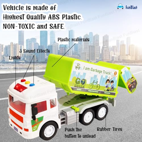 Image of FunBlast Garbage Truck Toys for Kids, Pull Back Vehicles Toy Truck, Unbreakable Plastic Trucks with Light and Sound, Friction Power Toy Trucks 3+ Years Old Boys Girls, & Kids (Multicolor)
