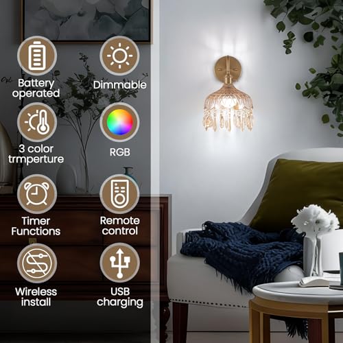 Image of Vintage Battery Operated Set of Two,Wireless Wall Sconces Dimmable Rechargeable Battery, 12 Colors RGB Lamp with Remote for Dining Room Hallway Living Room
