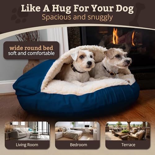 Image of Snoozer Cozy Cave Dog Bed, Round Covered Dog Bed, Sapphire (L)