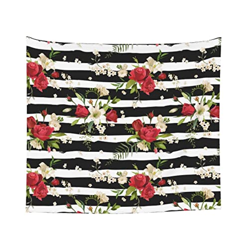 Psvod Black White Stripes Red Rose Flowers Tapestry Decoration Tapestry 60X51In Wall Decoration For Living Room And Bedroom #TOP5