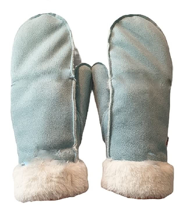 AXELENS Damen Winterhandschuhe Elegant aus Wildlederimitat – Warme Fäustlinge mit Fleecefutter und Kunstpelz-Bündchen – HellBlau Größe S/M