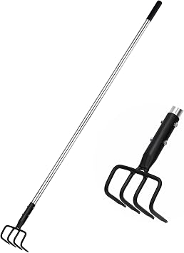 BARAYSTUS Long Hand Cultivator, Carbon Steel & Stainless Steel Tiller Cultivator, Garden Cultivator with Telescopic Handle and Soft Handle Cover, Hand Tiller for Digging Loosening Weeding