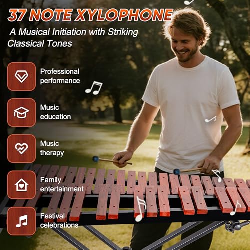 Image of 37 Note Xylophone Professional Wooden Glockenspiel Xylophone With Height Adjustable Stand,4 Mallets,Hand Bell and Carry Bag
