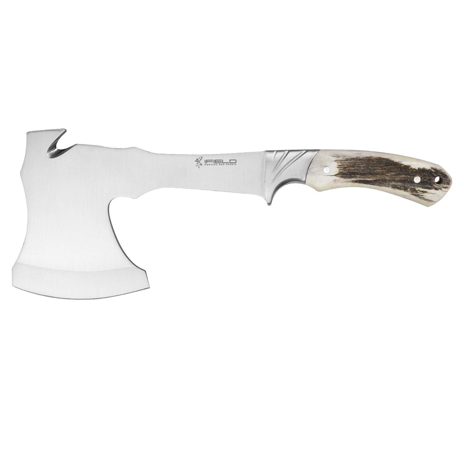 iFIELD Ascia di Sopravvivenza EL29003, Lama in Acciaio Inossidabile 17cm, Dimensione Totale 29,5cm, con Fodero in Pelle, Manico in Corno di Cervo, da Campeggio per la Pesca, Caccia, attività Sportive