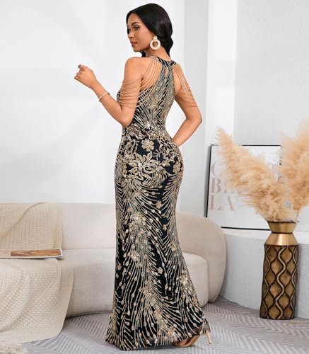 Image of Cololura Women Sexy Elegant Sequin Tassel Off Shoulder Halter Bodycon Maxi Dress Party Evening Gown Formal Dress
