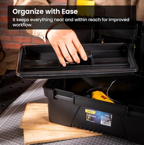 Image of Deli DL432414 14 inch Multipurpose Tool Box with Transparent Storage Isolation Tray & Two Layer Folding Structure Carry Handle Hand Tools Kit for DIY Home and Professional Use (Pack of 1, Yellow /Black)