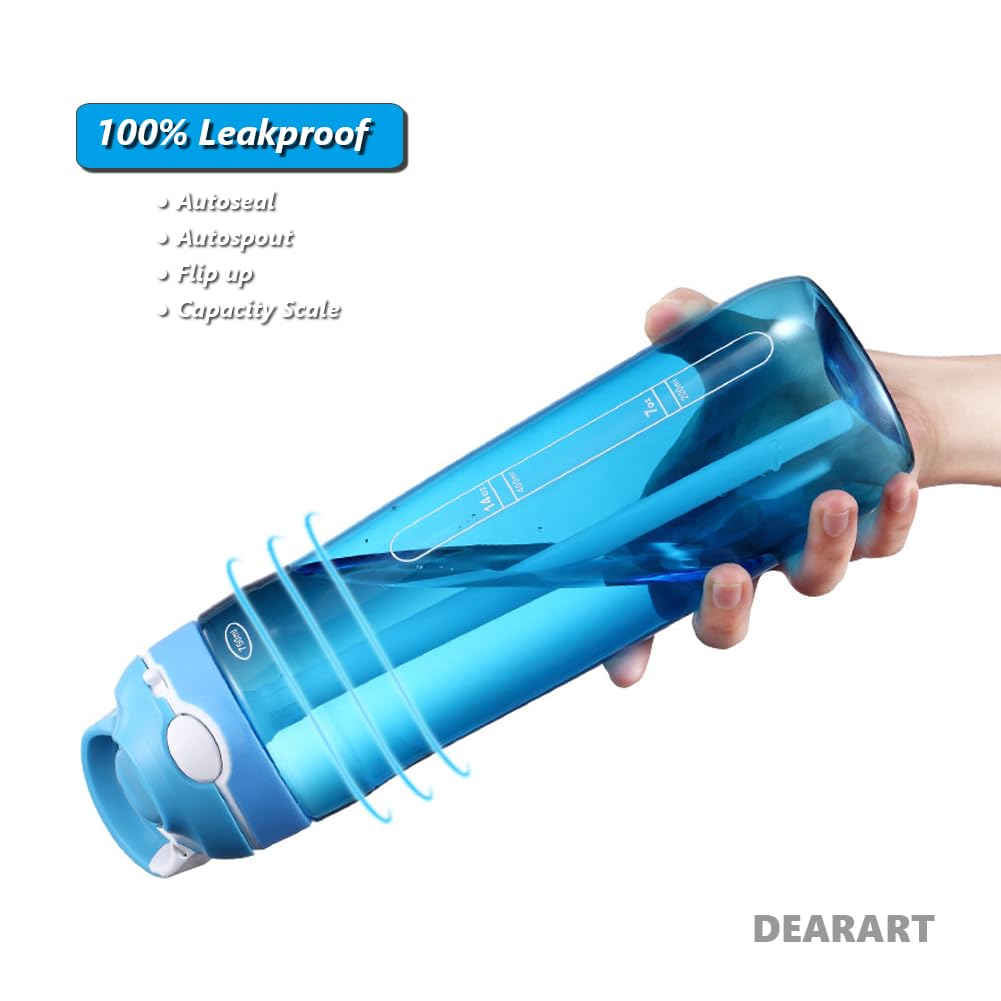 DEARART pack de 2 bouteilles d'eau de paille de 750ml sans Bisphénol a flip - up transparent avec poignée pour une portabilité facile pour la maison/bureau/voyage/école, Bleu clair & noir
