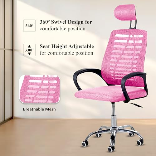 Image of Casa Copenhagen,Mesh Office Desk Chair,Rocking Chairs Ergonomic Computer Chair Adjustable High with Headrest and Comfortable Armrest Swivel Chair - Cherry Pink & Black Handle