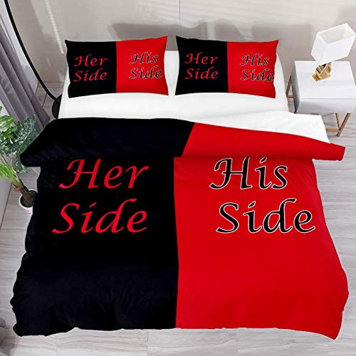LUCASE LEMON ALEX 3 Pieces Her Side and His Side Red Black Duvet Cover Set (1 Duvet Cover + 2 Pillowcases) King Size Breathable Soft Bedding Sets Room Decor for Adult Women Men Teens