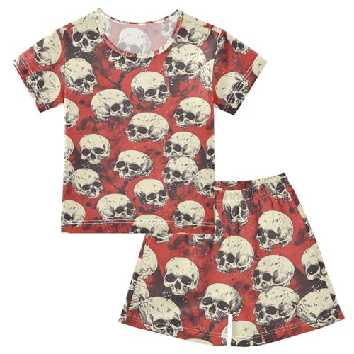 ALAZA Retro Skulls Red Pajama Set Short Sleeve Sleepwear Soft Lounge Nightwear