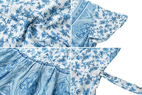 Image of R.Vivimos Women's Summer Short Sleeve Floral Print Bohemian Beach Waist Tie Wrap Long Flowy Dress with Slit