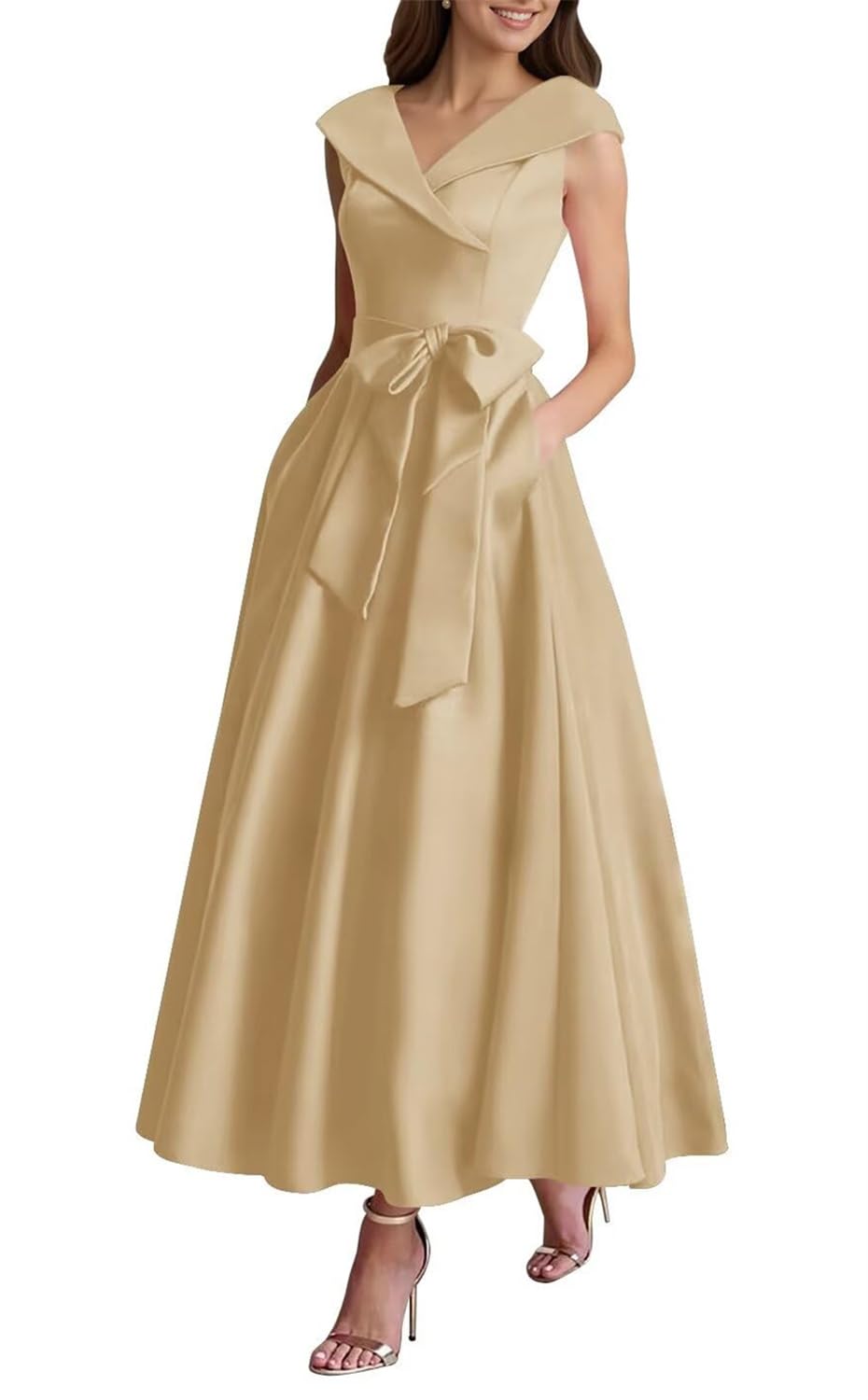Kiyne Women's Champagne Mother Of The Bride Dresses For Wedding With Pockets Plus Size V Neck Satin Formal Dress Evening Party Gown Uk24