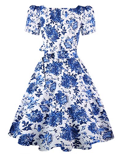 Obbue Women's Square Neck Dress Vintage 1950S Cocktail Party Dress With Puff Sleeves Blue White Porcelain S #TOP1