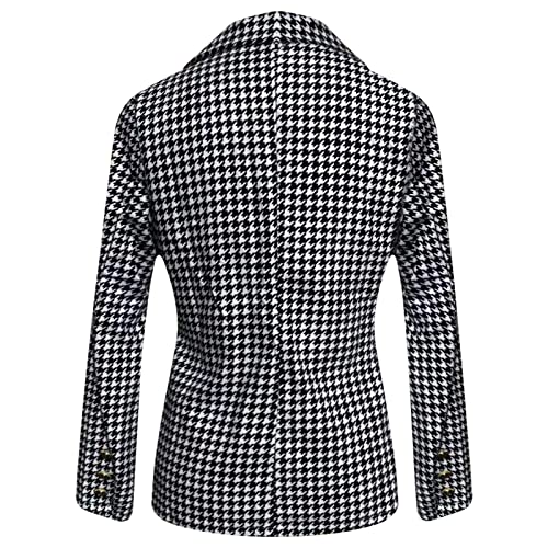 Women Elegant Open Front Houndstooth Blazer Casual Lapel Button Pockets Blazers Coats Work Office Jacket Outerwear Black #TOP6