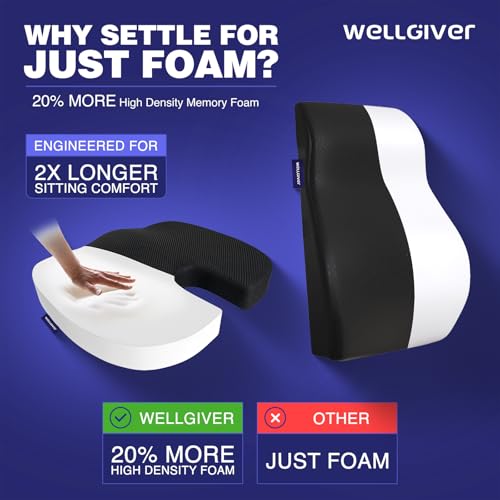 Image of WELLGIVER Memory Foam Coccyx Seat Cushion - Orthopedic Chair Pad for Tailbone, Sciatica & Lower Back Pain Relief | Ideal for Office Chairs, Car Seats & Home Use | Removable & Washable Cover