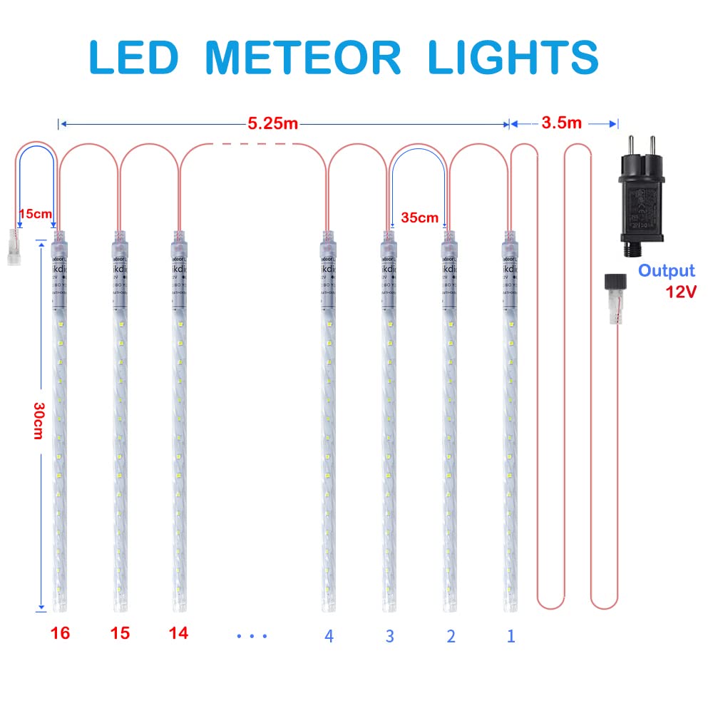 Weihnachtslichter für draußen, Meteorschauer Lichter 16 Spiralschläuche 30cm 480 LEDs 5,25m Lit Länge, Wasserdichte Schneefalllichter für Weihnachtsdekoration im Freien Baum Fenster (Weiß)
