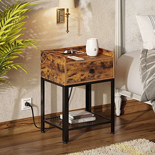 Rolanstar Nightstand With Charging Station And Usb Ports, Rustic End Table With Drawer And Metal Shelf For Bedroom, Living Room, Rustic Brown #TOP3