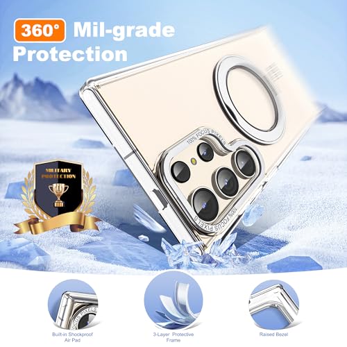 Image of Compatible with Samsung Galaxy S22 & S23 Ultra Case with 360Rotatable Magnetic Ring Stand Compatible with Mag-Safe Military Protection Shockproof Transparent Phone Case,Clear