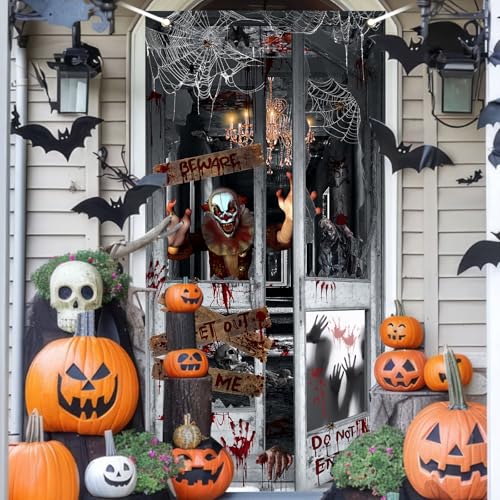Avezano Decorações de porta de Halloween, palhaço assustador, capa de porta de Halloween, casa assom