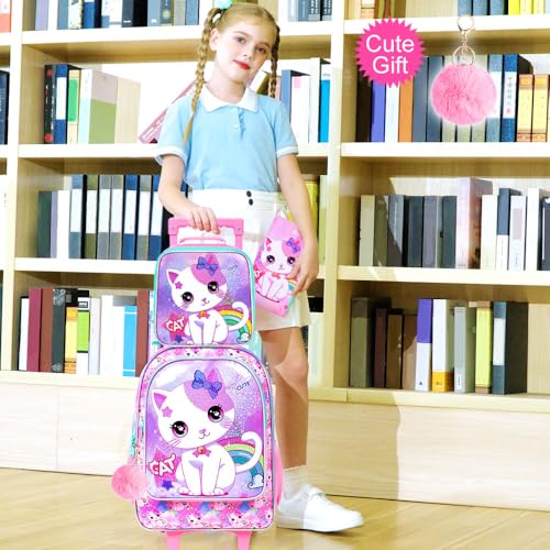 3PCS Kids Rolling Backpack, Girls Roller Wheels Bookbag, Wheeled Elementary School Bag with Lunch Bag - White Cat3