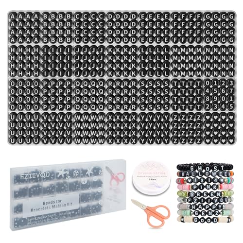 FZIIVQU 1450 Piece Letter Beads Kit, 4x7 mm Black Acrylic Alphabet & Number Beads for Jewelry Making Heart & Friendship Bracelet Making