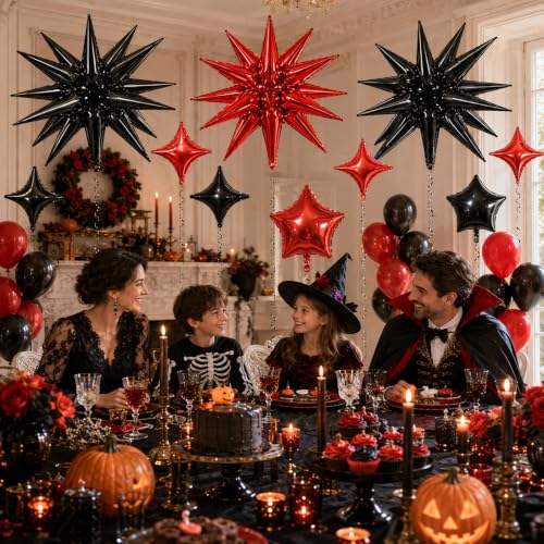 Image of Star Balloons Halloween Balloon Black Red Explosion Stars Balloon | 22 /18 /10 In Metallic Red Black Spike Stars Foil Balloon for Vampire Casino Happy New Year Eve Birthday Party Decor
