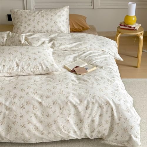 Image of MKXI White Garden Duvet Cover Beige Floral 100% Cotton Coquette Duvet Cover Queen Set Shabby Chic Aesthetic Bedding Vintage Comforter Quilt Cover Twin