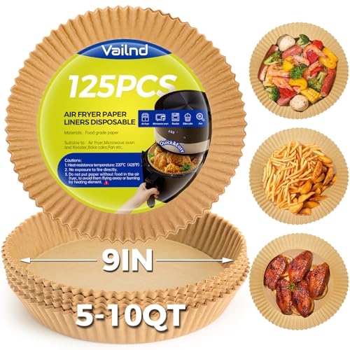 Vailnd 9inch Round Air Fryer Liners Disposable, 125PCS Non-Stick Parchment Paper Liners, Oil Resistant, Waterproof, Food Grade Baking Paper for 5-10 QT Air Fryer Microwave