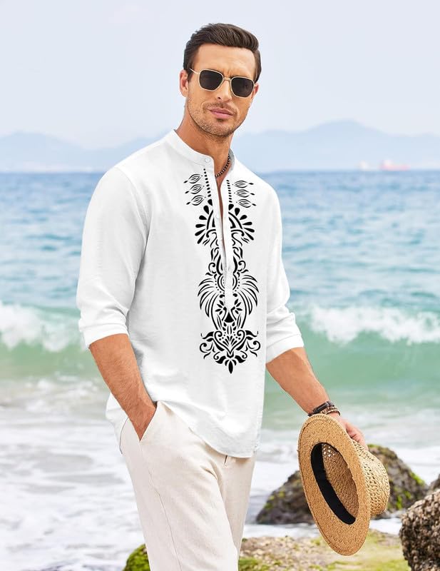 Image of FINIVO FASHION Men's Cotton Blend Short Kurta with Bold Printed Front Design | Full Sleeve Ethnic Casual Kurta with Mandarin Collar | Artistic Festival & Travel Wear for Modern Ethnic Style