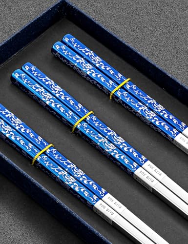 Image of Metal Chopsticks Reusable, Non-Slip Chop Sticks Reusable Dishwasher Safe, Titanium Plated Stainless Steel Chopsticks+Floral Blue 3 Pairs