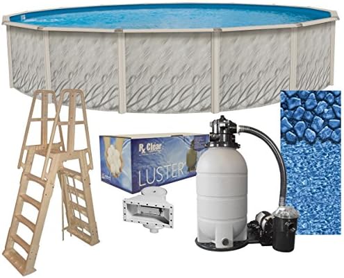 Meadows 24-Foot-by-52-Inch Round Above-Ground Swimming Pool Complete Bundle Kit | Boulder Swirl Pattern Overlap Liner | A-Frame Ladder System | Sand Filter System with Pump | Skimmer