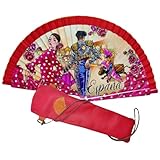 Faltbarer Handfächer mit Lederhülle zum Aufhängen am Hals. Aus Holz oder Stoff auf Bambusholz. Zeichnungen der spanischen Kultur (Flamenco, Stiere usw.) (Bailaora Torero)