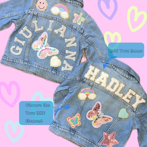 Personalized Kids Denim Jacket with Names, Cute Custom Chenille Letter Patch Children Denim Jacket for Girls Boys, Birthday Gift, Toddler Long Sleeve Jacket with Pattern Back to School Outfits4