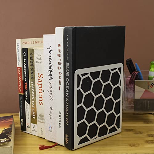 Image of Spillbox Metal Non Slip Bookends Book Shelves | Shelf | Study Table | Home Decor | Holders | Case | Bracket | Stand | Heavy Duty | Set | Book Ends for Office, Home - White Hexagon