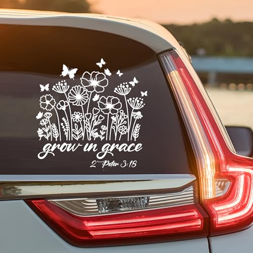 Image of Grow in Grace Peter 3:18 Car Decal Bible Catholic Sticker Floral Christian Decal for Car Window Bumper Truck Inspirational Decals Vinyl Waterproof 6 Inches Car Accessories Stickers Gift for Mom Dad