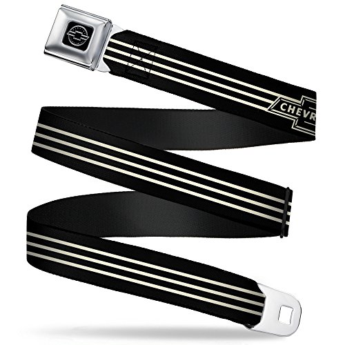 GM General Motors Belt, Seatbelt Buckle Belt, Vintage Chevrolet Bowtie Stripe Black Ivory, 44 to 63 Inches