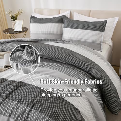 Litanika Dark Grey Comforter Set Super King Plus - 3 Pieces Lightweight Dark Grey Colorblock Stripe Fluffy Bedding Comforter Sets, All Season Bed Set