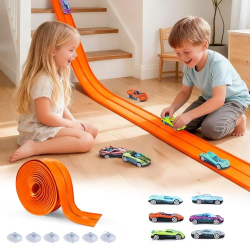 FALDAA Flexible Race Track for Kids 15ft with 6 Racecars, Slot Car Race Track Sets & Car Ramp Toy with 6 Suction Cups, Compatible with Hot Wheels for Ages 3+