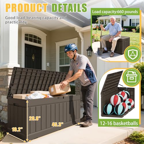 Image of Greesum Outdoor Storage Box 82 Gallon Storage Bin with Lid for Patio Furniture, Garden Tools, Pool Supplies, Waterproof and UV Resistant, Lockable, Dark Brown