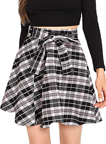 Milumia Women Plaid Mini Skater Skirts Cheerleader Pleated A Line Skirts with Belt Black