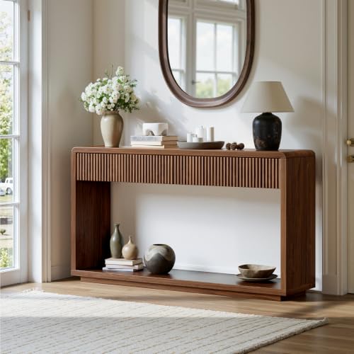 Evermagin 59'' Walnut Console Table with Drawers, Sofa Table with Storage